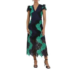 Madelyn Rae Navy Green Lace Leaf V Neck Cap Sleeve Midi Dress Elegant Occasion